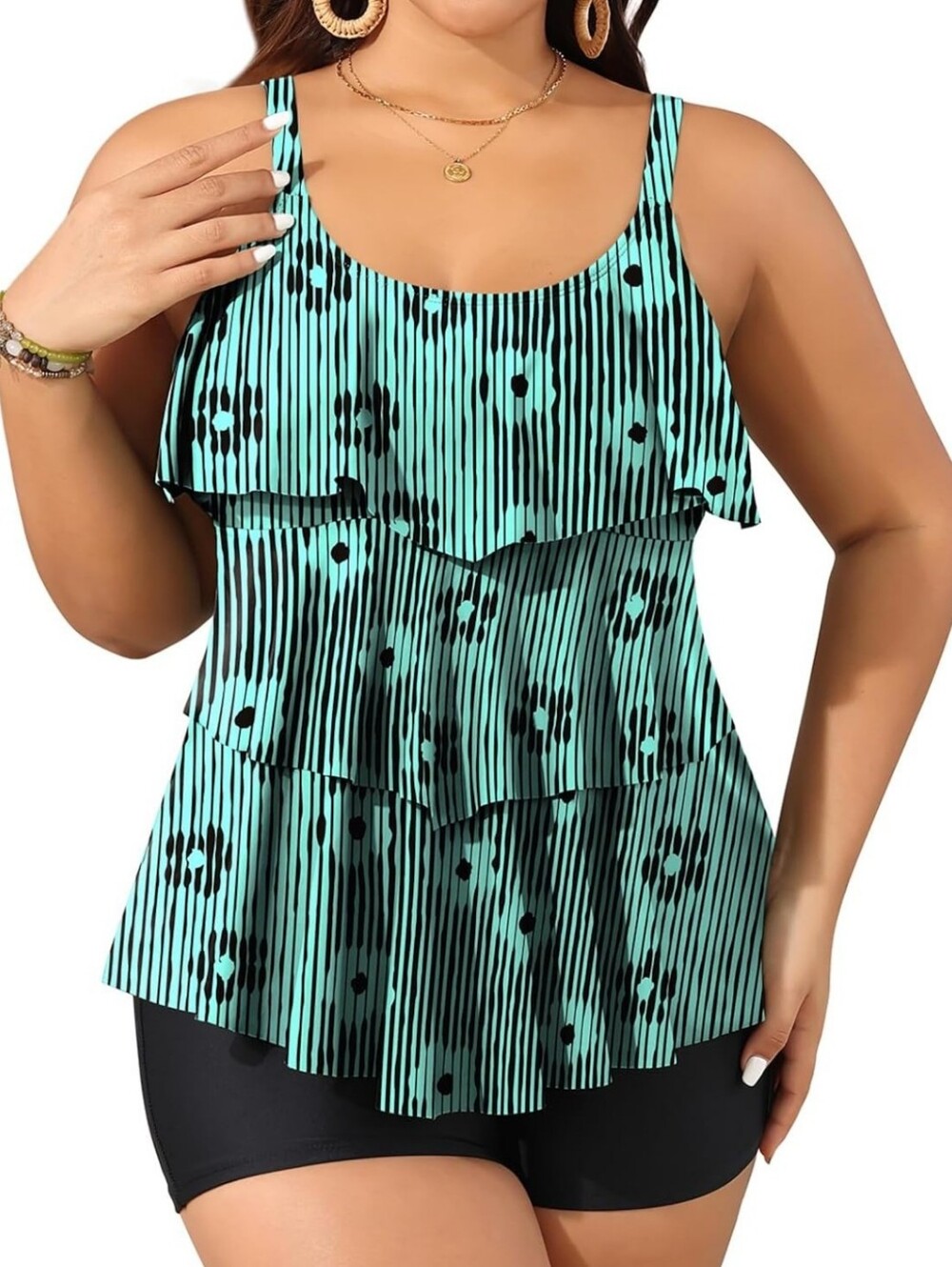 Yonique Tiered Tankini With Boy Shorts, Green Stripe, Size 20W